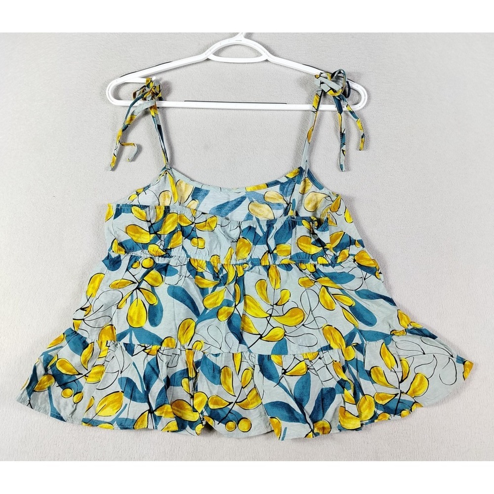 Mine Tank Top Cami Medium Blue Yellow Floral Tie Strap Ruffle Boho Casual Flowy